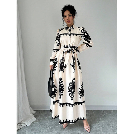 Damen Langarm-Maxikleid mit elegantem Knopfdesign und taillierbarem Gürtel EB