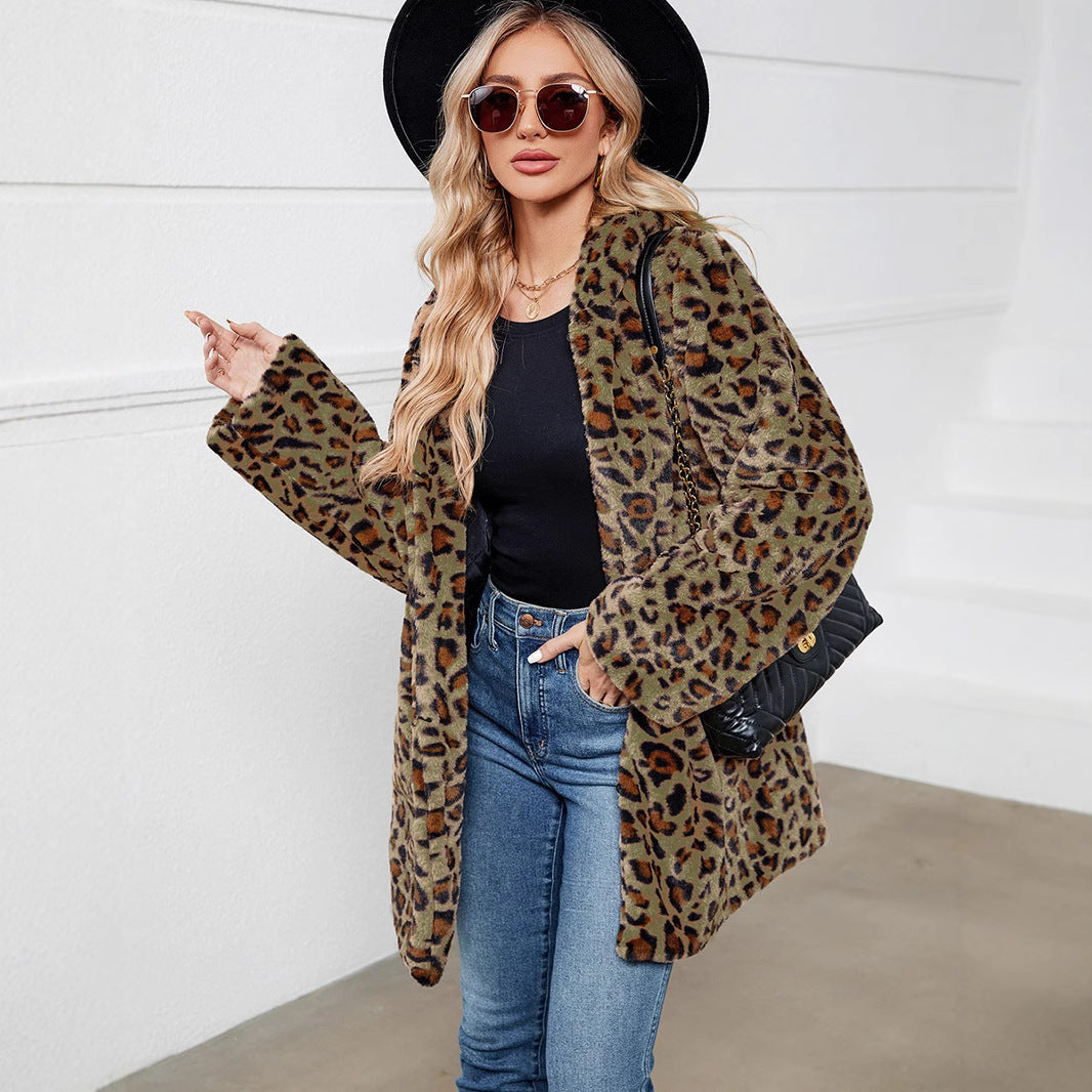 Damen Flauschige Jacke mit modernem Leopardenmuster und bequemen Taschen EB