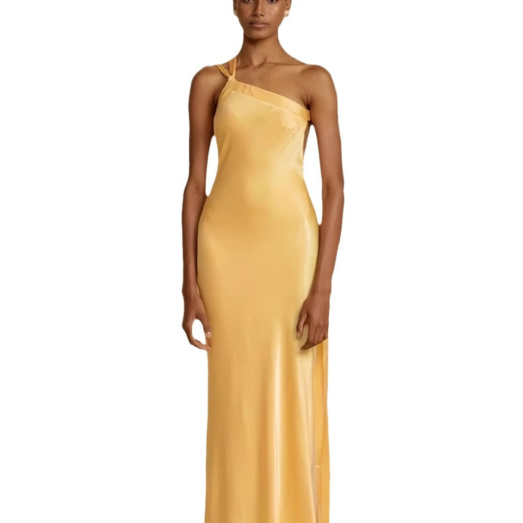 Damen elegantes Maxikleid mit asymmetrischem Halterdesign und schimmerndem Satin EB