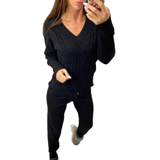 Damen Strickpullover und Jogginghose Set mit Zopfmuster EB
