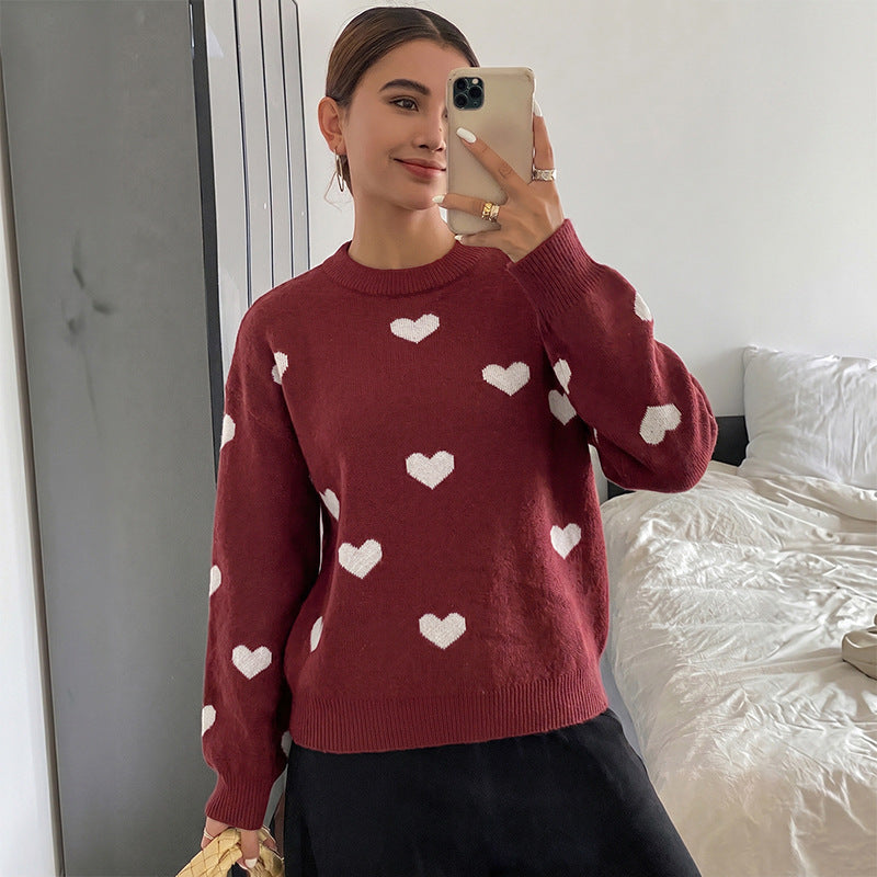 Damen Grobstrick-Pullover mit Herzintarsien und klassischem Rundhalsausschnitt EB