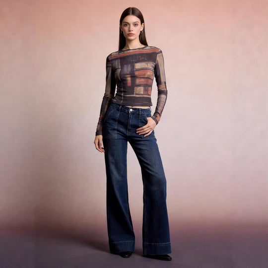 Damen High-Waist Weitbeinerhosen mit angesagtem Aufnäher EB