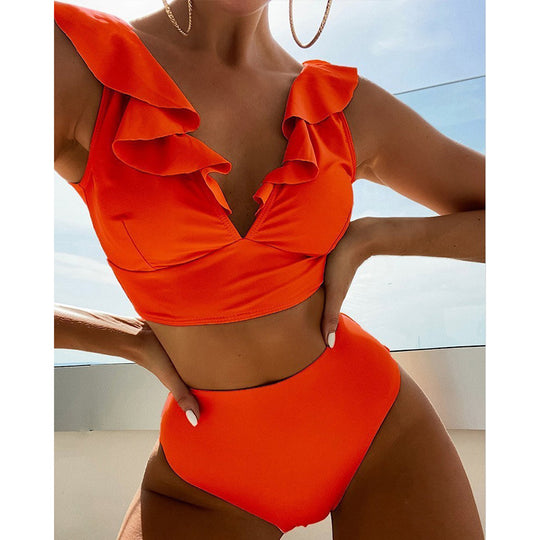 Damen Bikiniset mit voluminösen Rüschendetails und hoch geschnittenem Slip EB