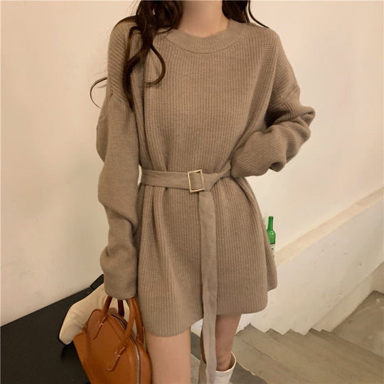 Damen Strickkleid mit Taillengürtel und weitem Schnitt EB