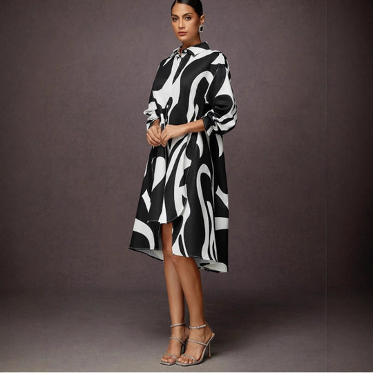 Damen Hemdblusenkleid mit modernem Grafikdruck und asymmetrischem Schnitt EB