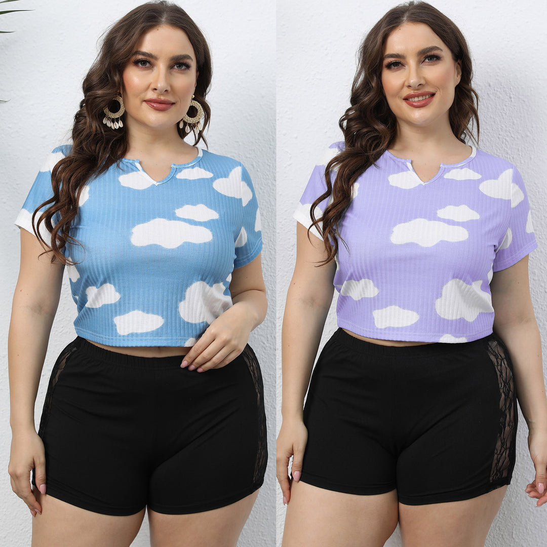 Damen cropped T-Shirt mit Wolkenmuster und elastischem Bund EB