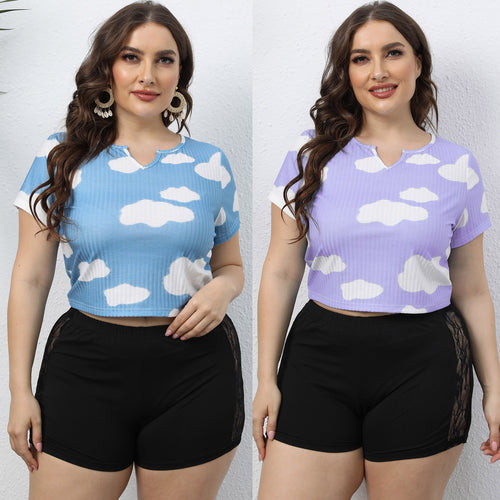 Damen cropped T-Shirt mit Wolkenmuster und elastischem Bund EB