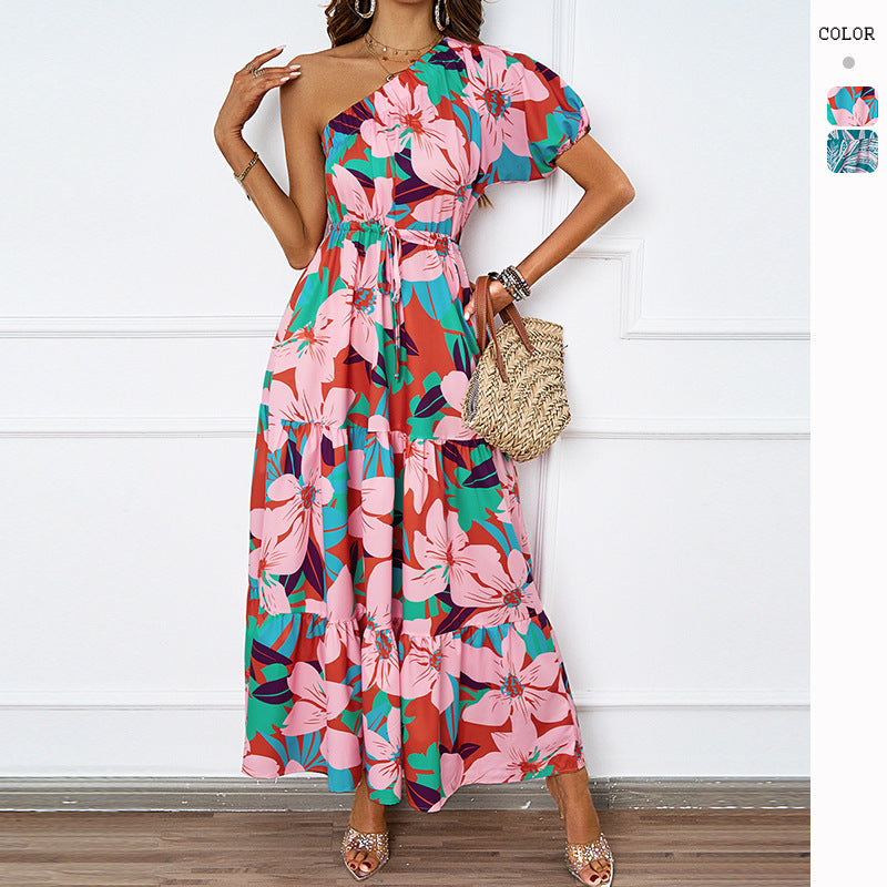 Damen Maxikleid im asymmetrischen Design mit floralem Muster und Wickelgürtel EB