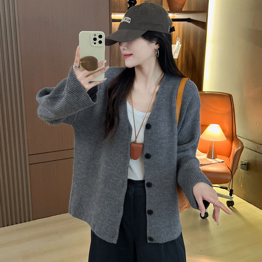 Damen Grob gestrickter Cardigan mit überschnittenen Schultern und Knopfverschluss EB