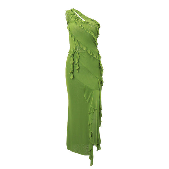 Damen hochgeschlossenes Maxikleid mit asymmetrischem Rüschendesign und eleganter Drapierung EB