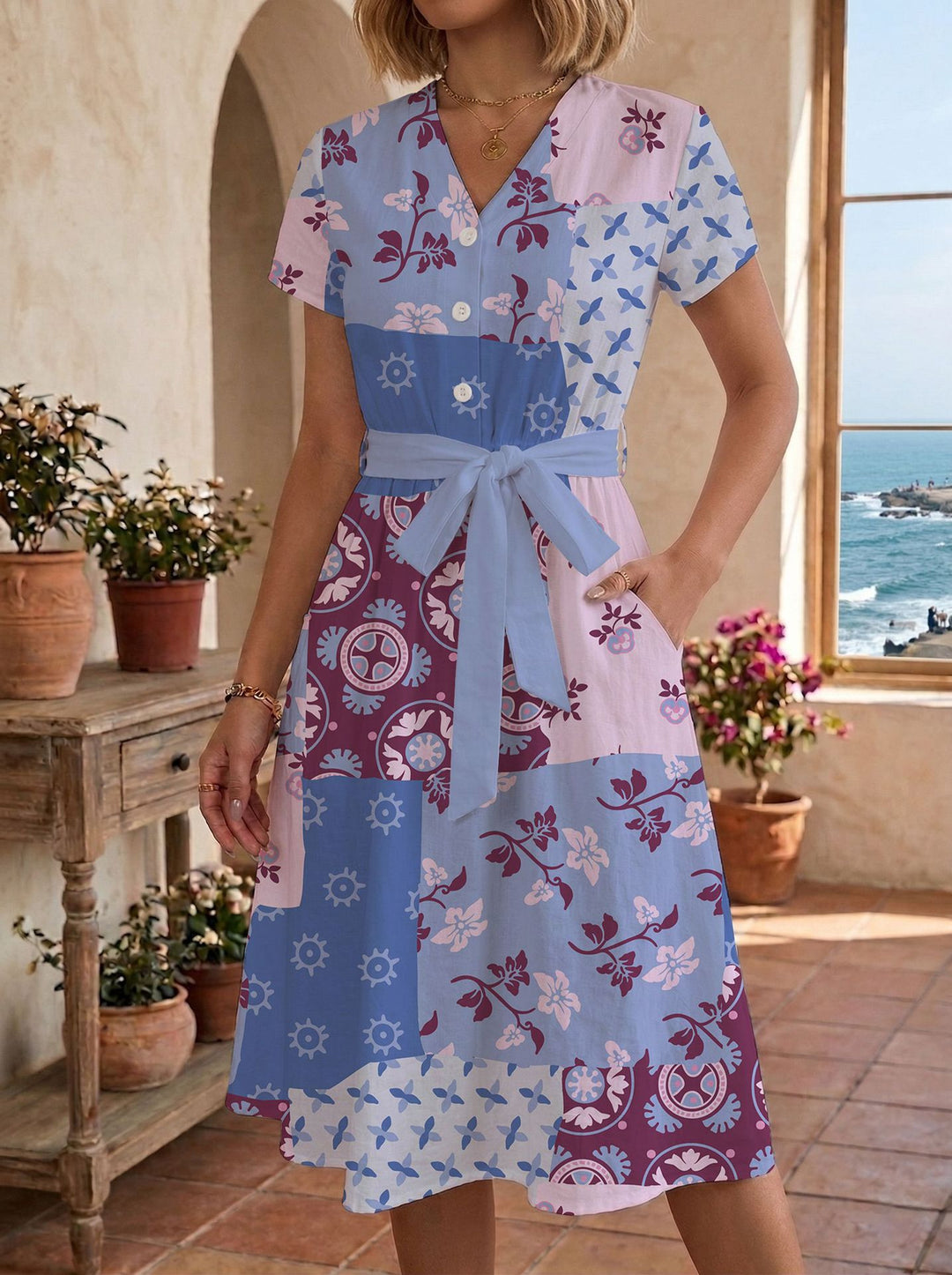 Damen Sommerliches Kleid mit taillierbarem Bindegürtel und floralem Muster EB