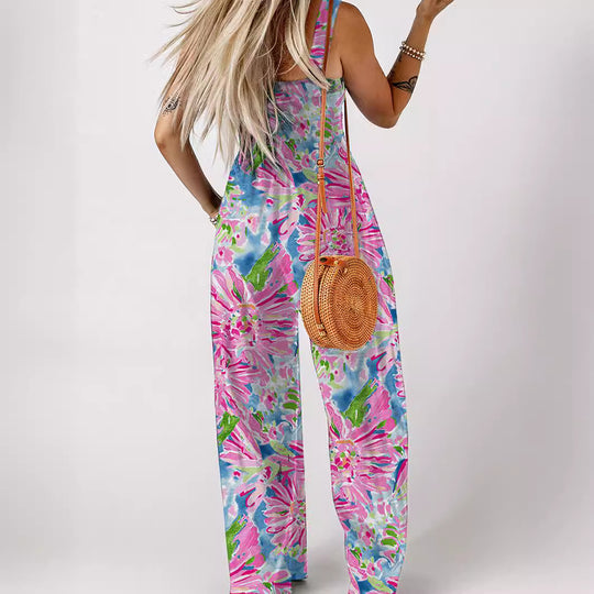 Damen luftiger Blumendruck Jumpsuit im Maxiformat mit praktischen Taschen EB