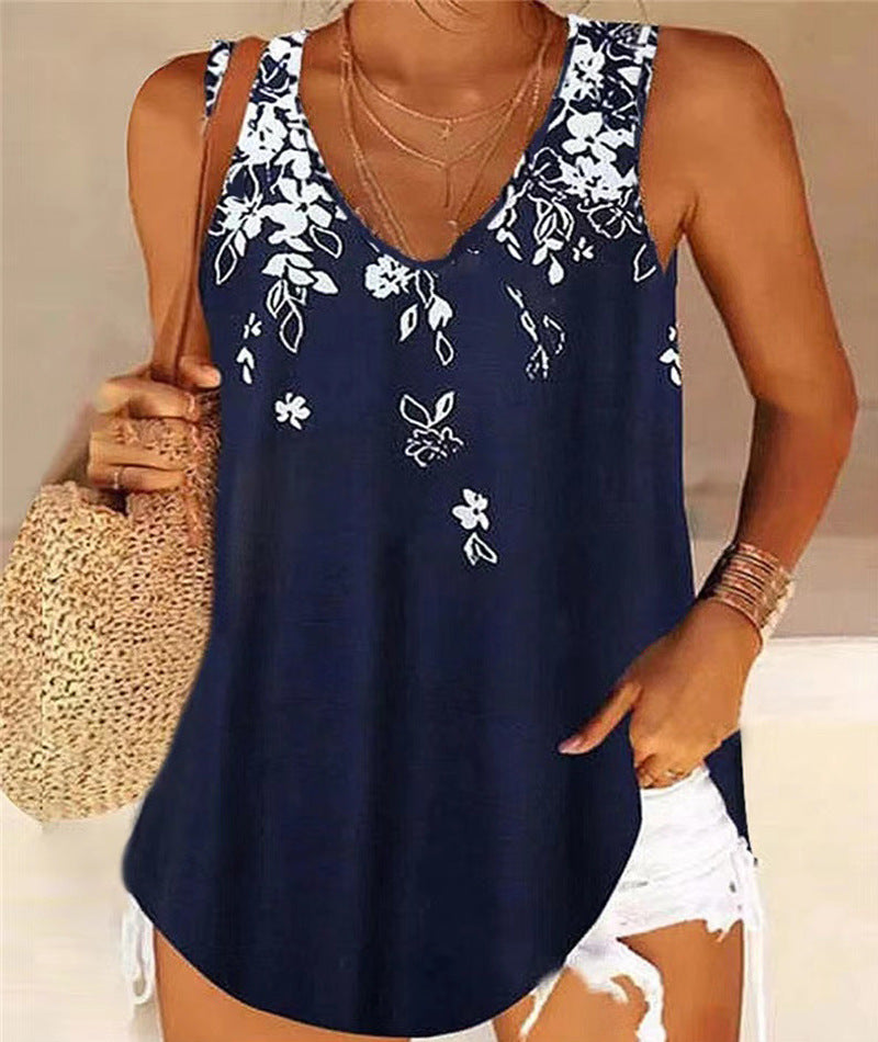Damen ärmelloses Blusenshirt mit floralem Muster und V-Ausschnitt EB