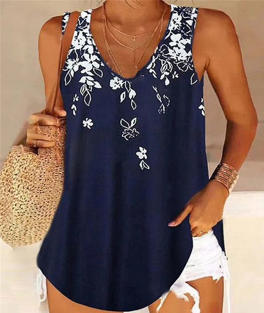 Damen ärmelloses Blusenshirt mit floralem Muster und V-Ausschnitt EB