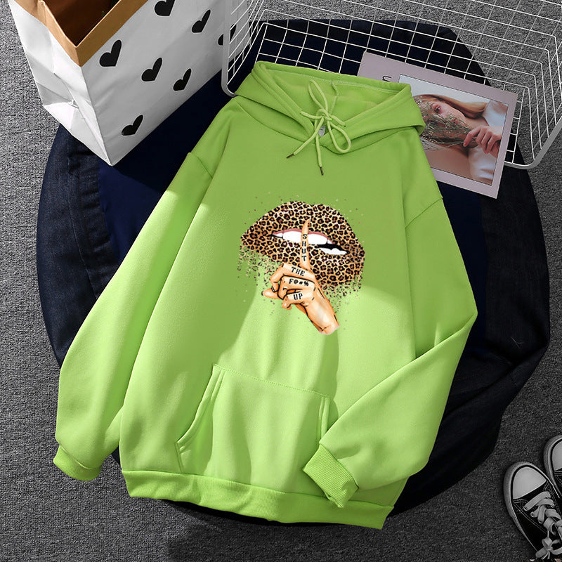 Damen nan oversized Fleece-Hoodie mit Leoparden-Lippen-Motiv, Kängurutasche und gerippten Bündchen EB