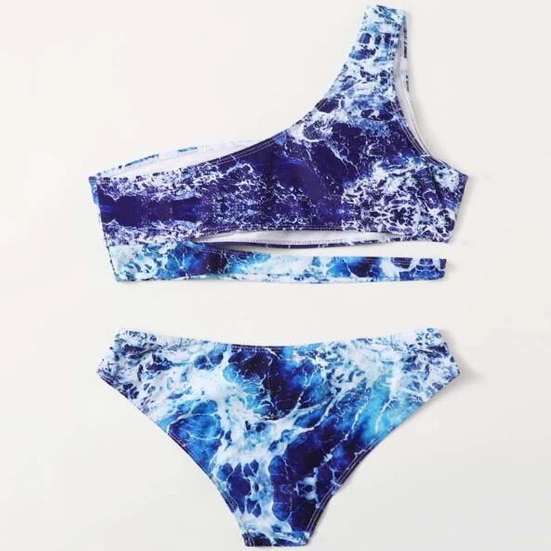 Damen Sport-Bikini mit asymmetrischem Schnitt und modischem Wasser-Motiv EB