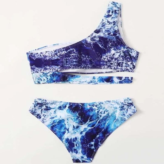Damen Sport-Bikini mit asymmetrischem Schnitt und modischem Wasser-Motiv EB