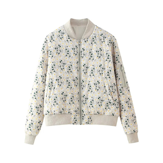 Damen stylische Bomberjacke mit floralen Mustern und elastischen Bündchen EB
