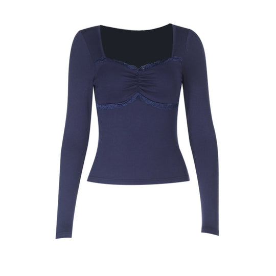 Damen Longsleeve Oberteil mit dekadenter Spitzenborte und raffiniertem Drapierungsdetail EB