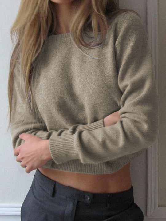 Damen nan kurz geschnittener Feinstrickpullover mit weitem U-Boot-Ausschnitt und gerippten Bündchen EB