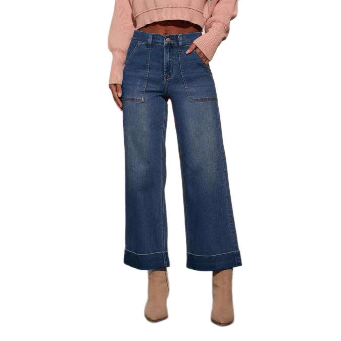 Damen weit geschnittene Denim-Hose mit hohem Bund EB