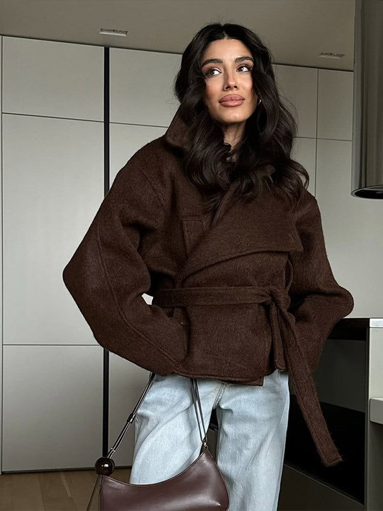 Damen elegante Oversized-Wolljacke mit Gürtel EB