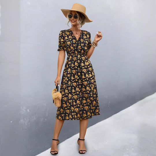 Damen midi Kleid mit floralen Mustern und seitlichem Schlitz EB