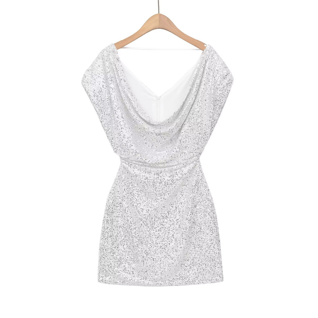 Damen kurzärmeliges Abendkleid mit schimmerndem Paillettenbesatz EB