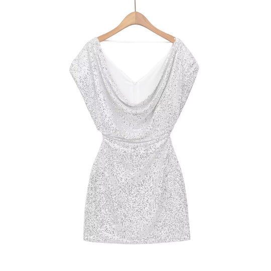 Damen kurzärmeliges Abendkleid mit schimmerndem Paillettenbesatz EB