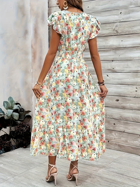 Damen Maxikleid mit floralem Design und lässigem V-Ausschnitt EB
