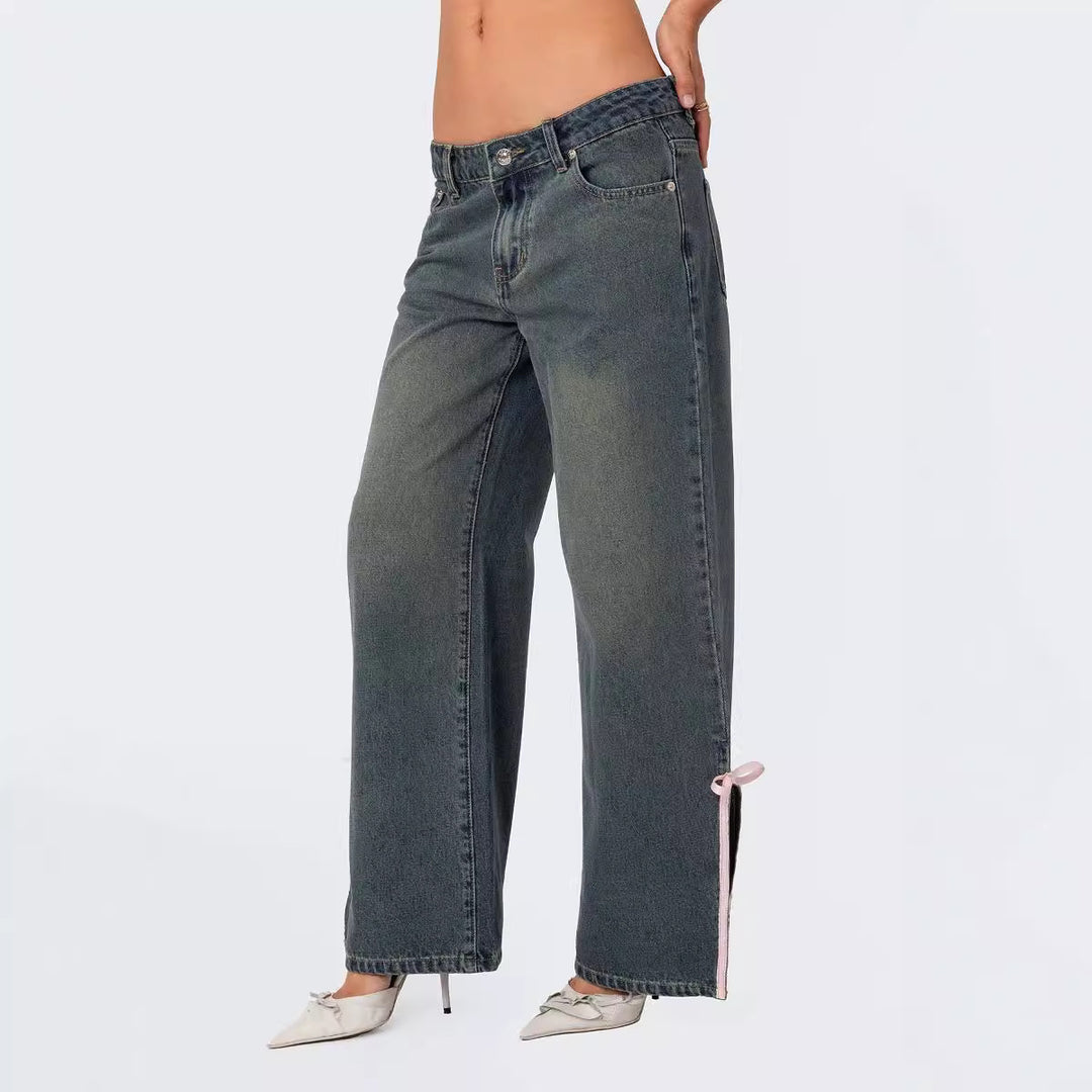Damen Hohe Taillen Denim-Hose mit modischen Schleifendetails EB