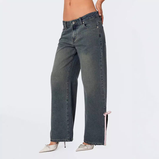 Damen Hohe Taillen Denim-Hose mit modischen Schleifendetails EB
