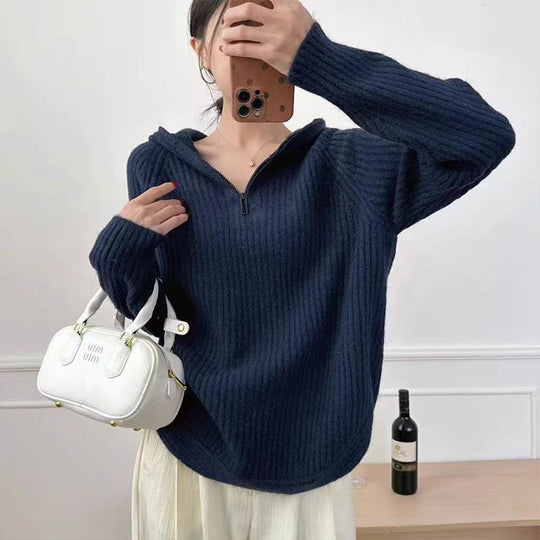 Damen lässiger Strickpullover mit hochgezogenem Kragen und Reißverschluss EB