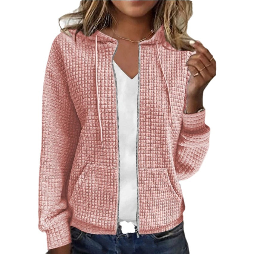 Damen Waffelstruktur Kapuzenjacke mit durchgehendem Reißverschluss und praktischen Taschen EB