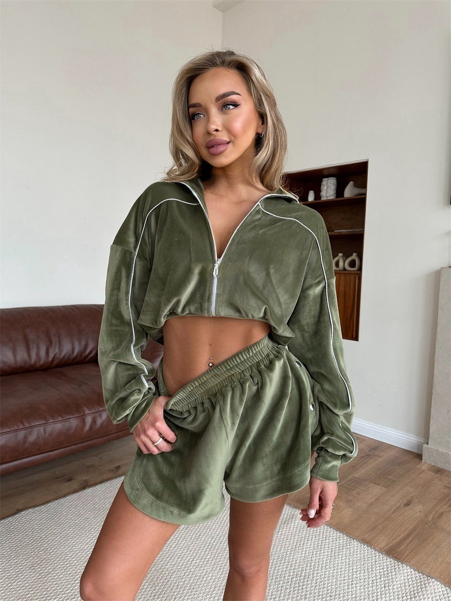 Damen nan kurzes Velours-Lounge-Set mit Cropped Zip-Hoodie und elastischer Highwaist-Shorts EB