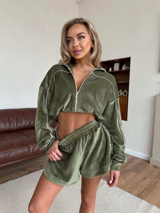 Damen nan kurzes Velours-Lounge-Set mit Cropped Zip-Hoodie und elastischer Highwaist-Shorts EB