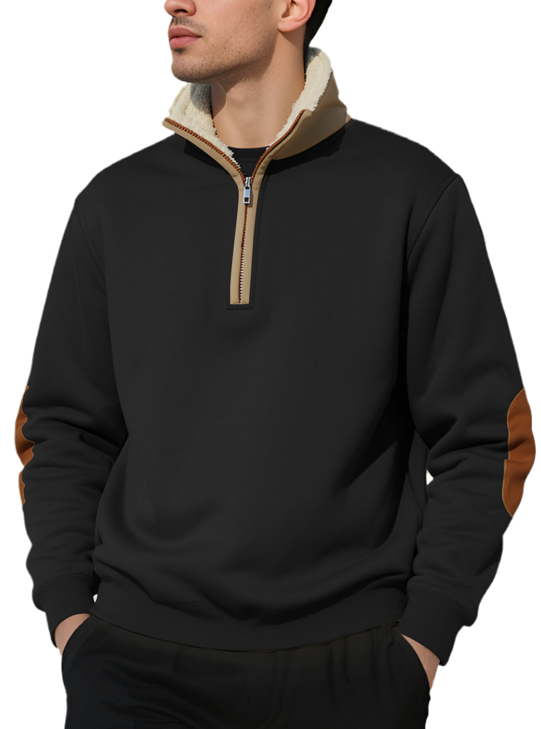 Herren nan legeres Halbzip-Sweatshirt mit Sherpagefüttertem Stehkragen und Kunstleder-Ellenbogenapplikation EB