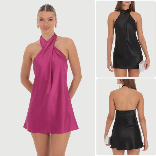 Damen Halterkleid mit schwingendem Rock und elegantem Knotendesign EB