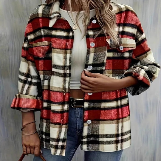 Damen karierte Flanelljacke mit Taschen und geschmackvoller Knopfleiste EB