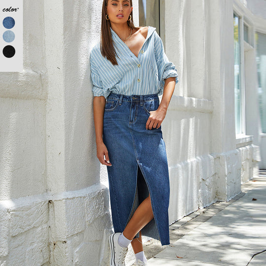 Damen Jeansrock im modernen Midi-Stil mit seitlichem Schlitz und hochgezogenem Saum EB