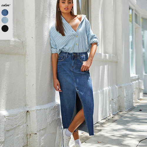 Damen Jeansrock im modernen Midi-Stil mit seitlichem Schlitz und hochgezogenem Saum EB