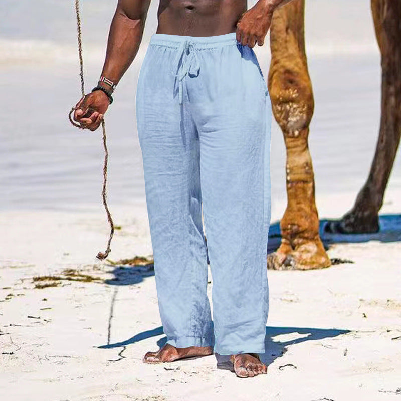 Herren nan entspannte Leinenhose mit elastischem Tunnelzug, geradem Bein und seitlichen Eingrifftaschen EB