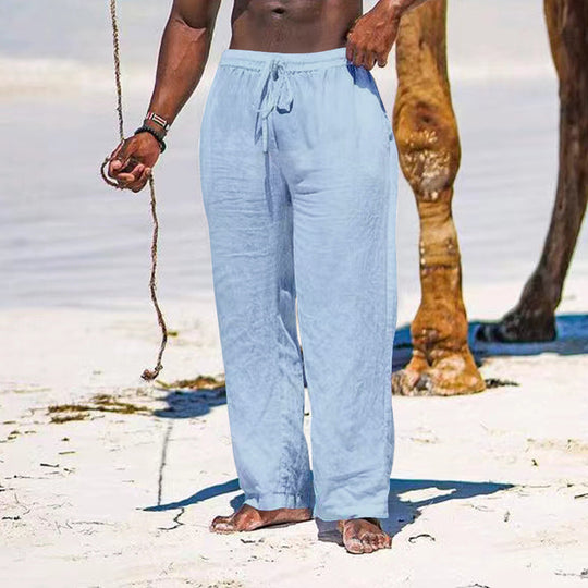 Herren nan entspannte Leinenhose mit elastischem Tunnelzug, geradem Bein und seitlichen Eingrifftaschen EB