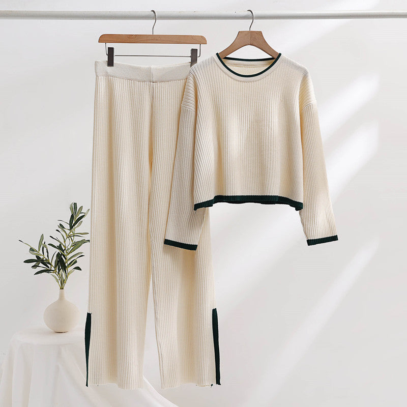 Damen lässiges Strickensemble mit hohem Bund und kontrastierenden Bündchen EB