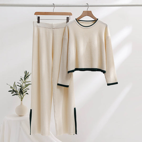 Damen lässiges Strickensemble mit hohem Bund und kontrastierenden Bündchen EB