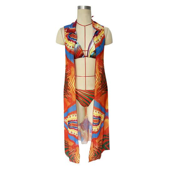 Damen Triangel-Bikini mit stylischen Schleifen und buntem Streifenmuster EB