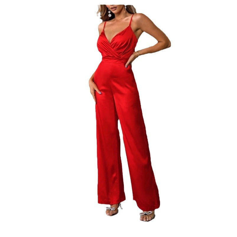 Damen eleganter Overall mit taillierter Drapierung und feinen Trägern EB