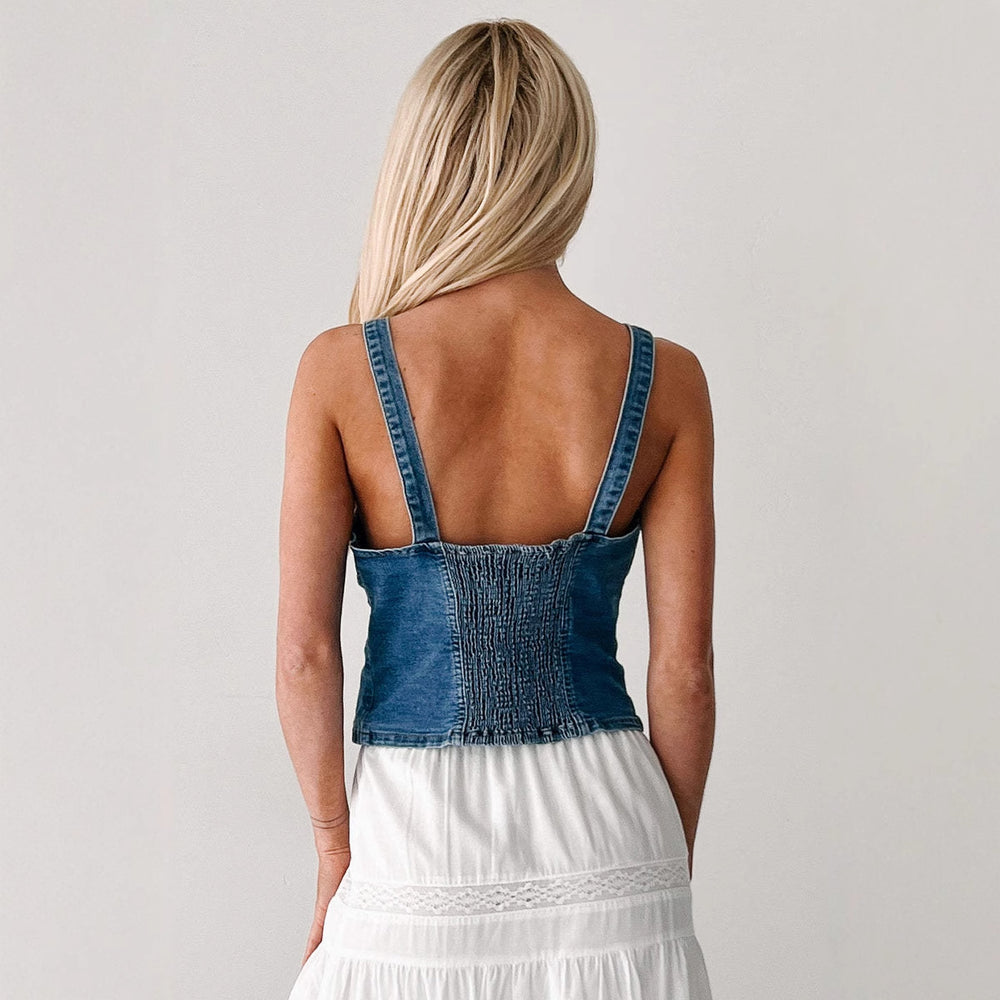 Damen Denim-Trägertop mit tiefem V-Ausschnitt und Knopfleiste EB