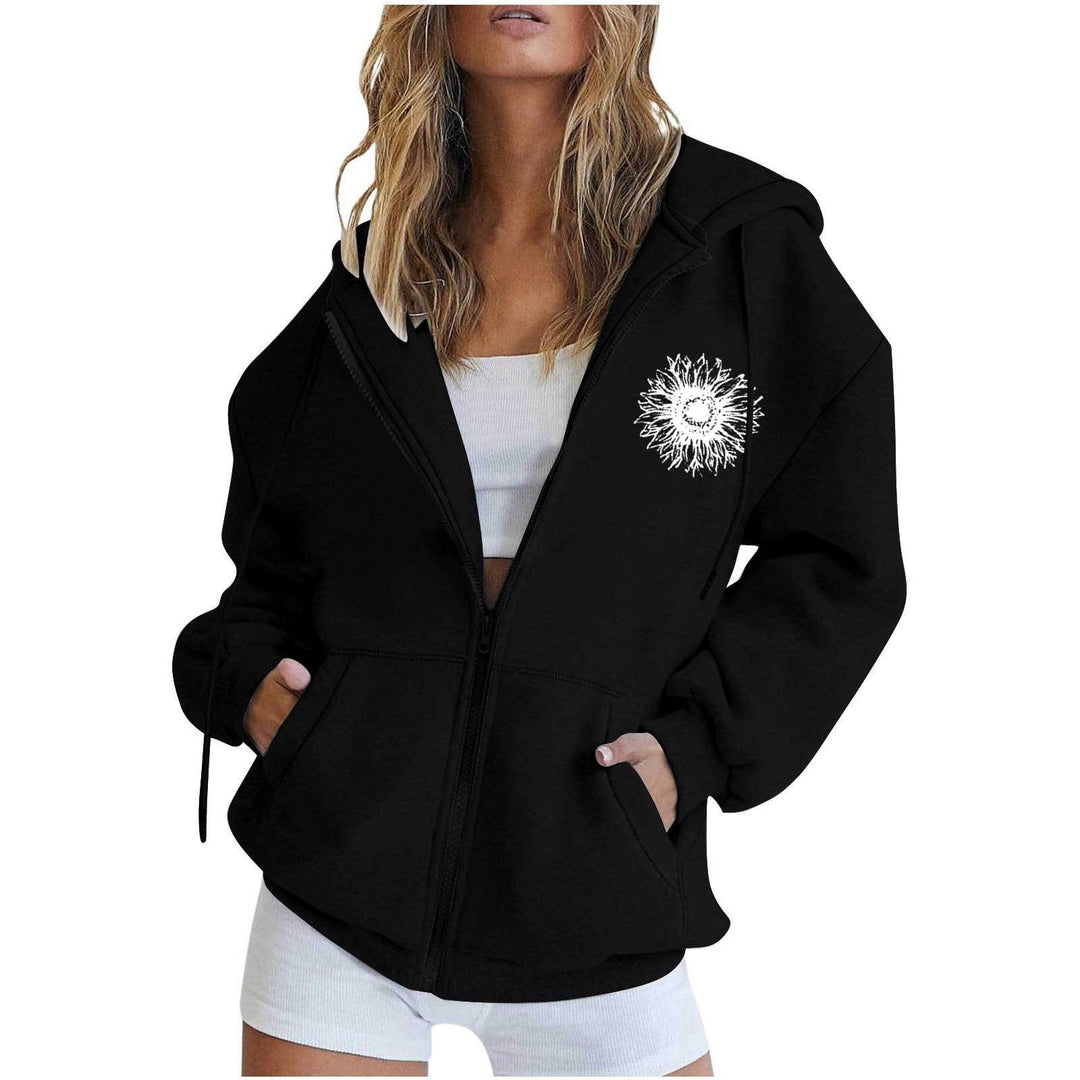 Damen nan oversized Kapuzenjacke mit Frontreißverschluss, Kängurutaschen und stilisiertem Sonnenblumenprint EB