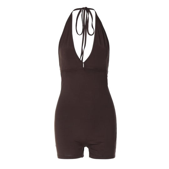 Damen Sportlicher Einteiler mit tiefem V-Ausschnitt und elastischem Bund EB